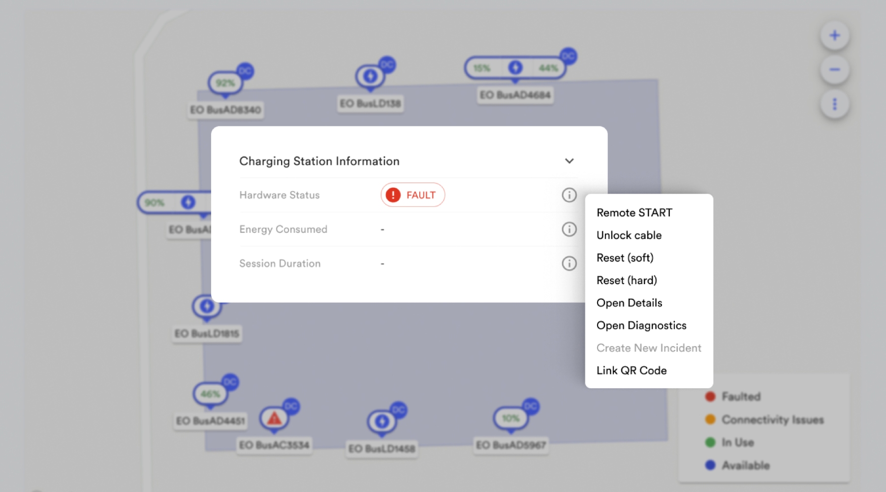 EO Cloud automatic fault detection dashboard showing charger health and alerts