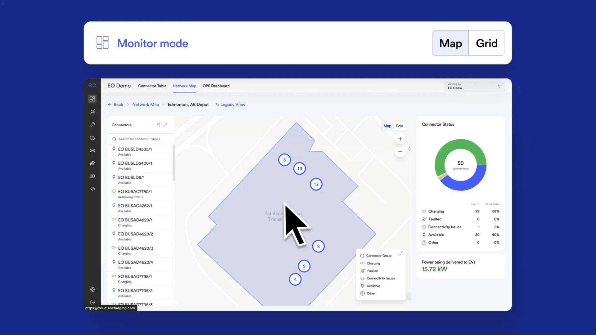 Vehicle-centric monitoring UI showing fleet charging status and readiness at a glance