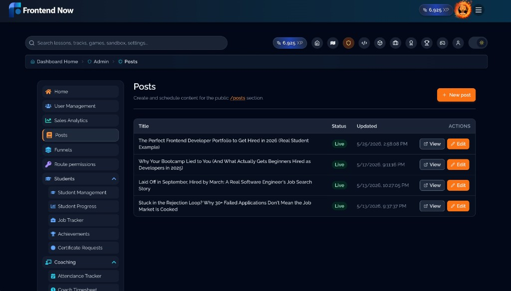 Admin posts management table with live status badges and edit controls