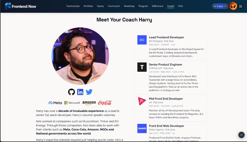 Front End Now coach page with profile, experience timeline, and client logos