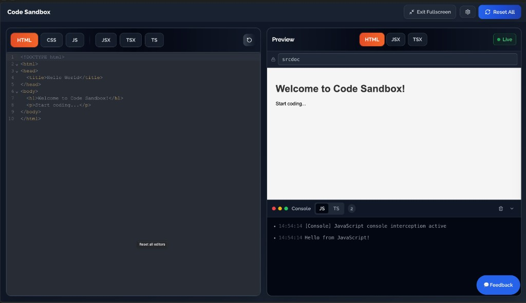 Code Sandbox with multi-file editor tabs, live HTML preview, and JavaScript console
