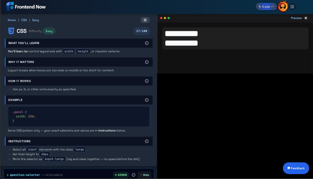 CSS lesson split view with instructional copy on the left and a live preview editor on the right