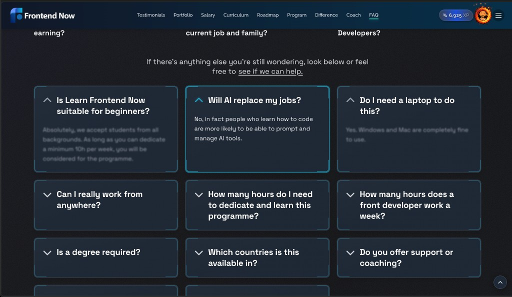 Front End Now FAQ page with expandable question cards in a grid layout