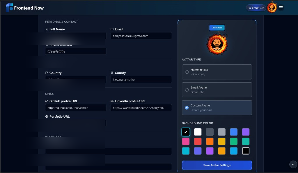 Profile settings page with personal details form and avatar customisation panel