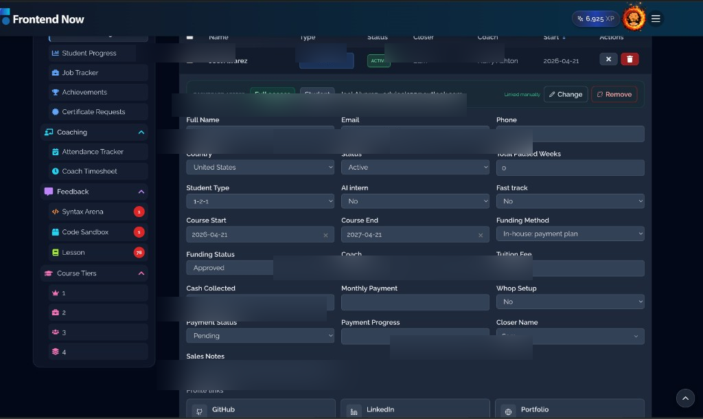 Expanded student record form in the admin dashboard with programme and coaching fields