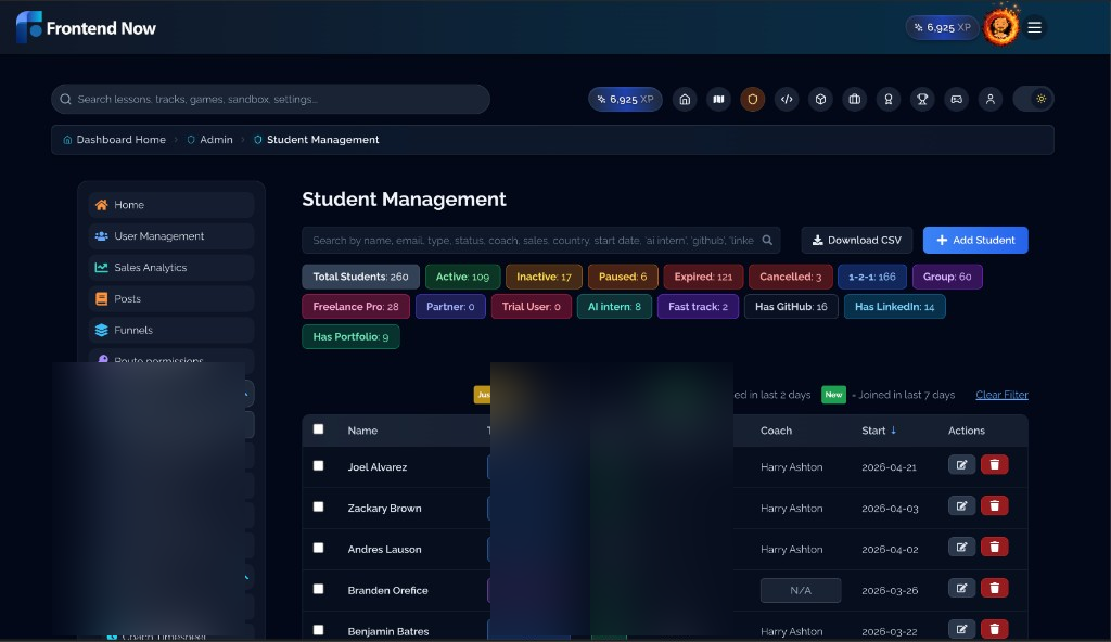 Student management admin table with status filters, program type badges, and student rows