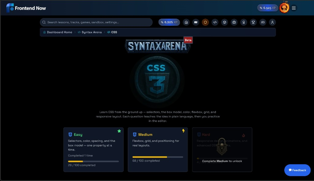 Syntax Arena CSS track page with Easy, Medium, and Hard difficulty cards and progress bars