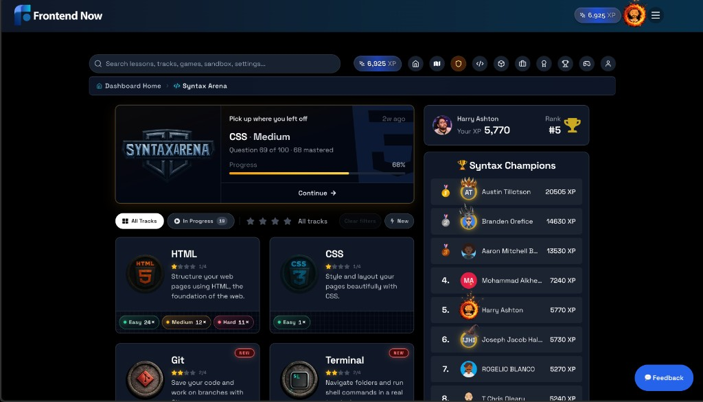 Syntax Arena dashboard showing track cards, progress filters, and a leaderboard sidebar