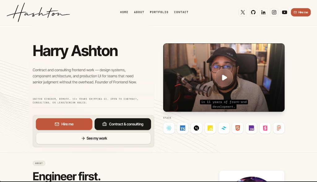Hashton.dev portfolio homepage with hero section and work grid