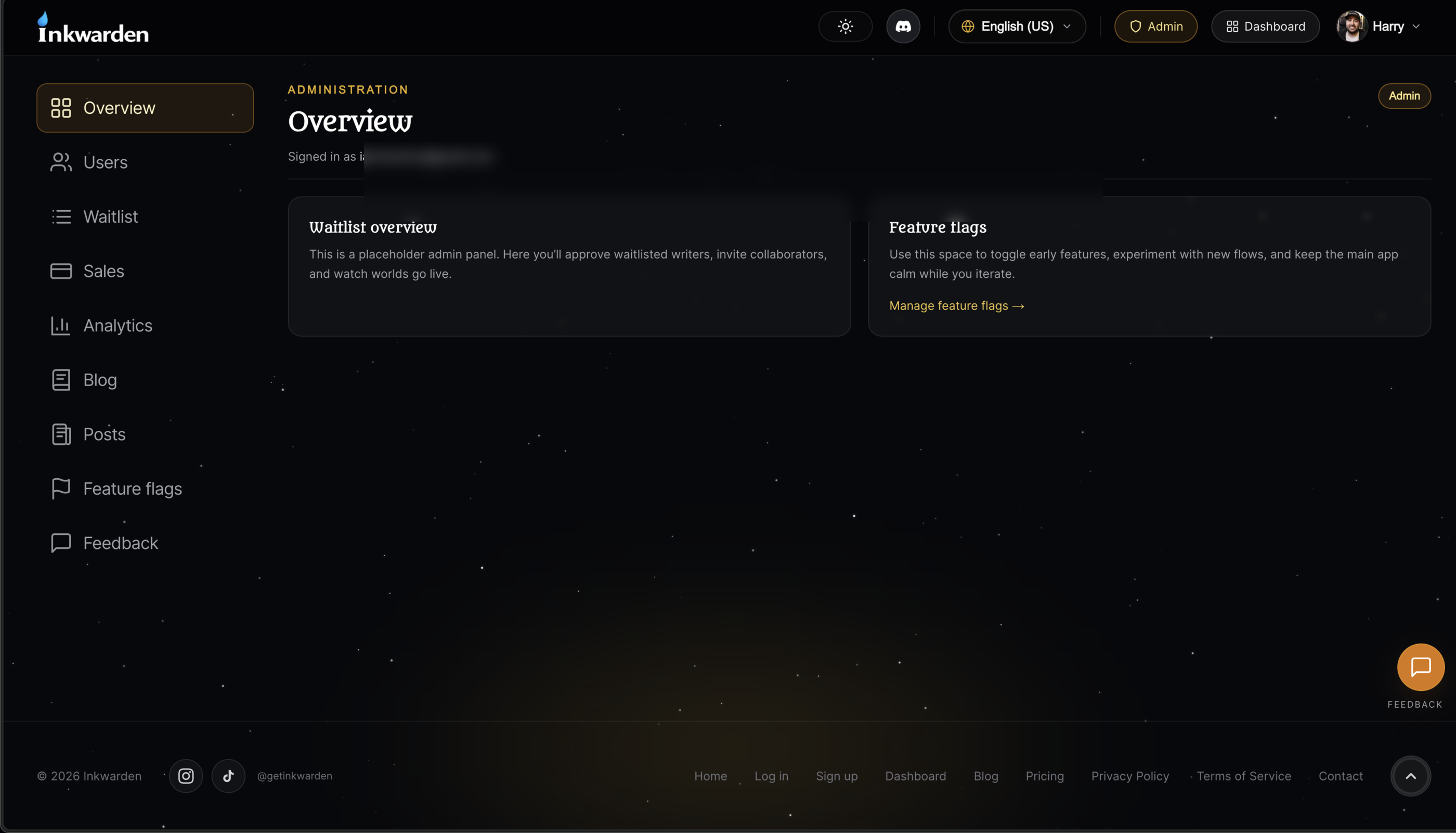 Inkwarden admin overview with waitlist and feature flag cards