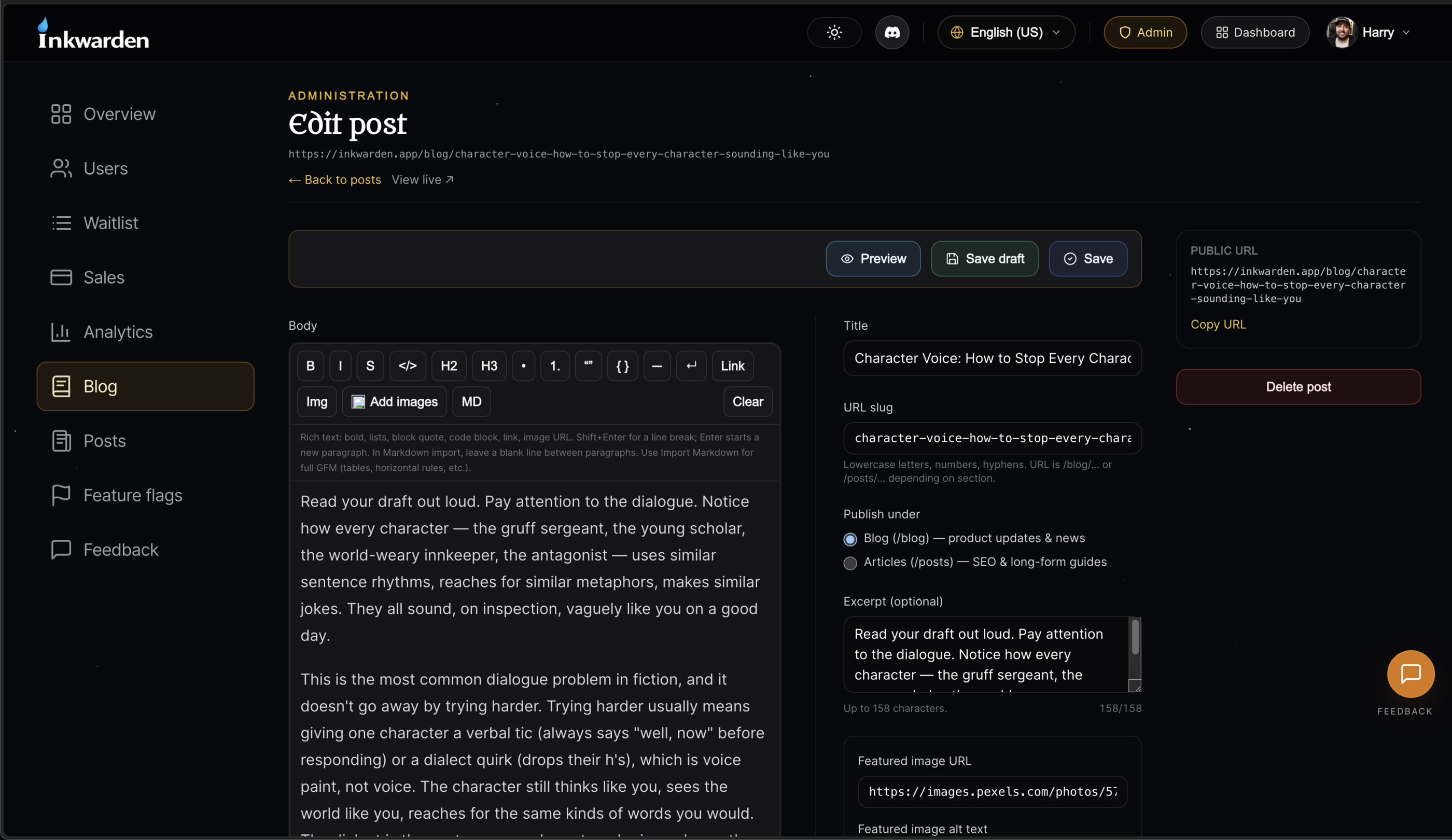 Inkwarden blog post editor with formatting toolbar and metadata sidebar