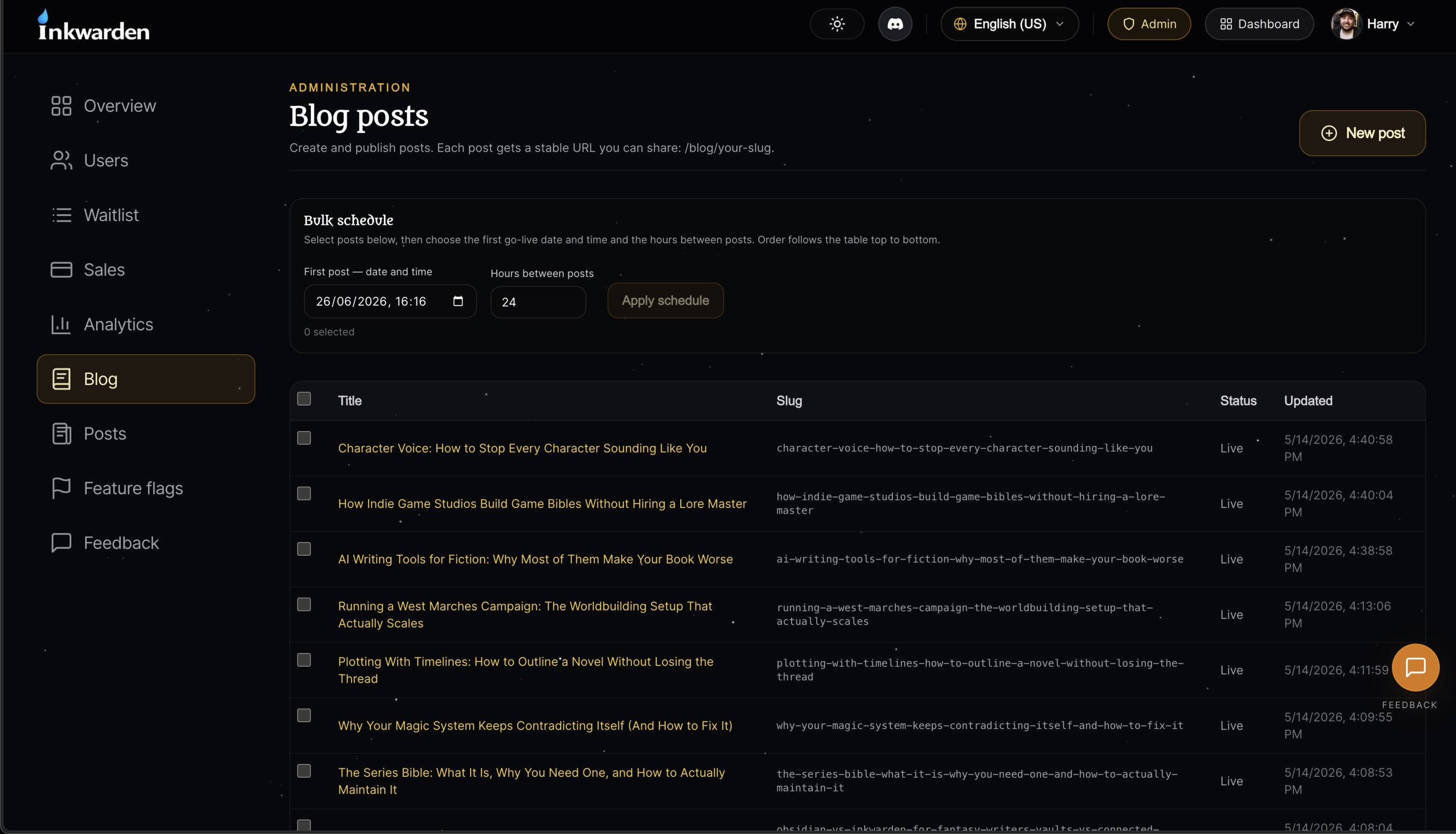 Inkwarden admin blog posts table with bulk schedule controls and live status badges