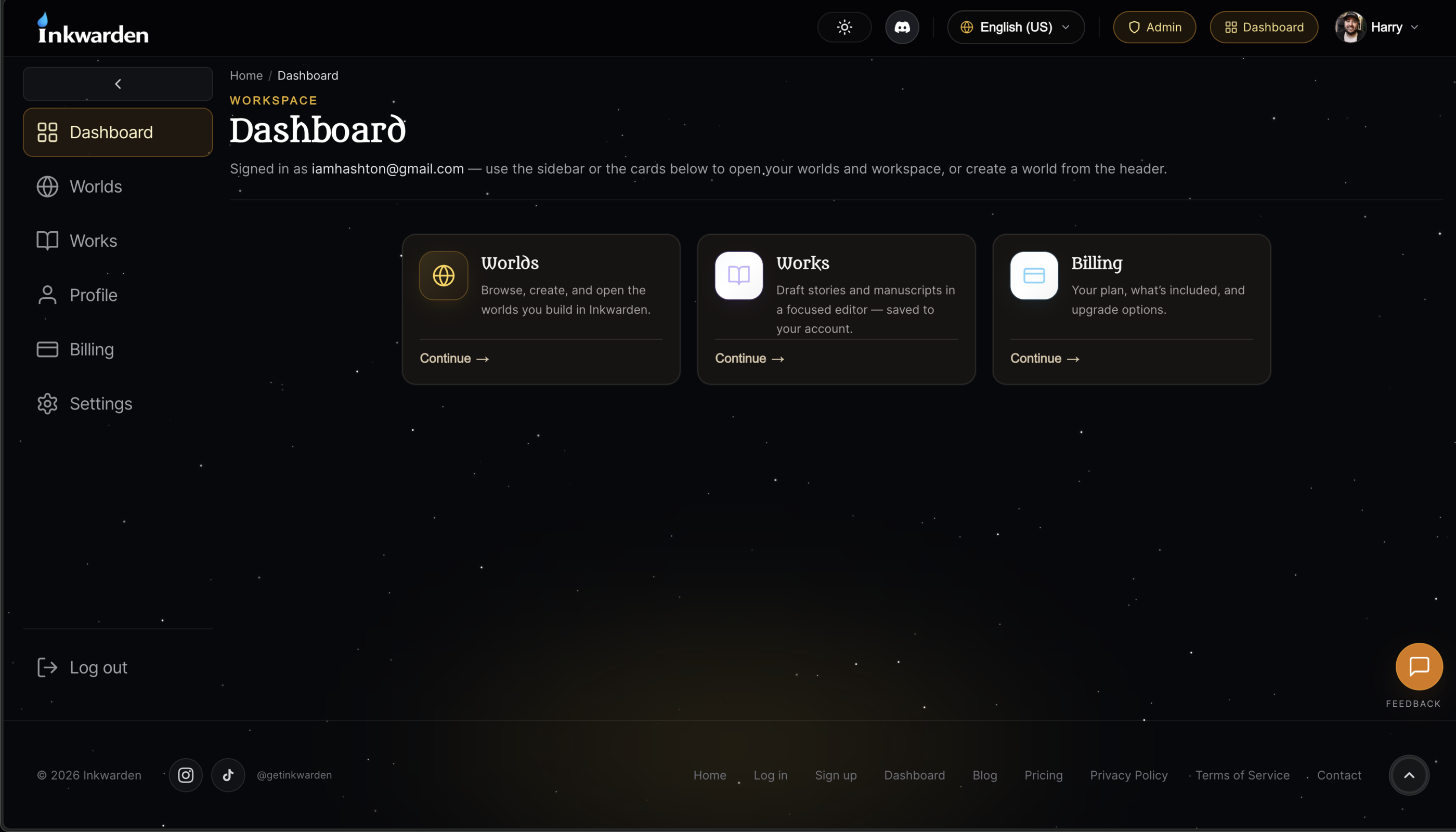 Inkwarden writer dashboard with cards for Worlds, Works, and Billing