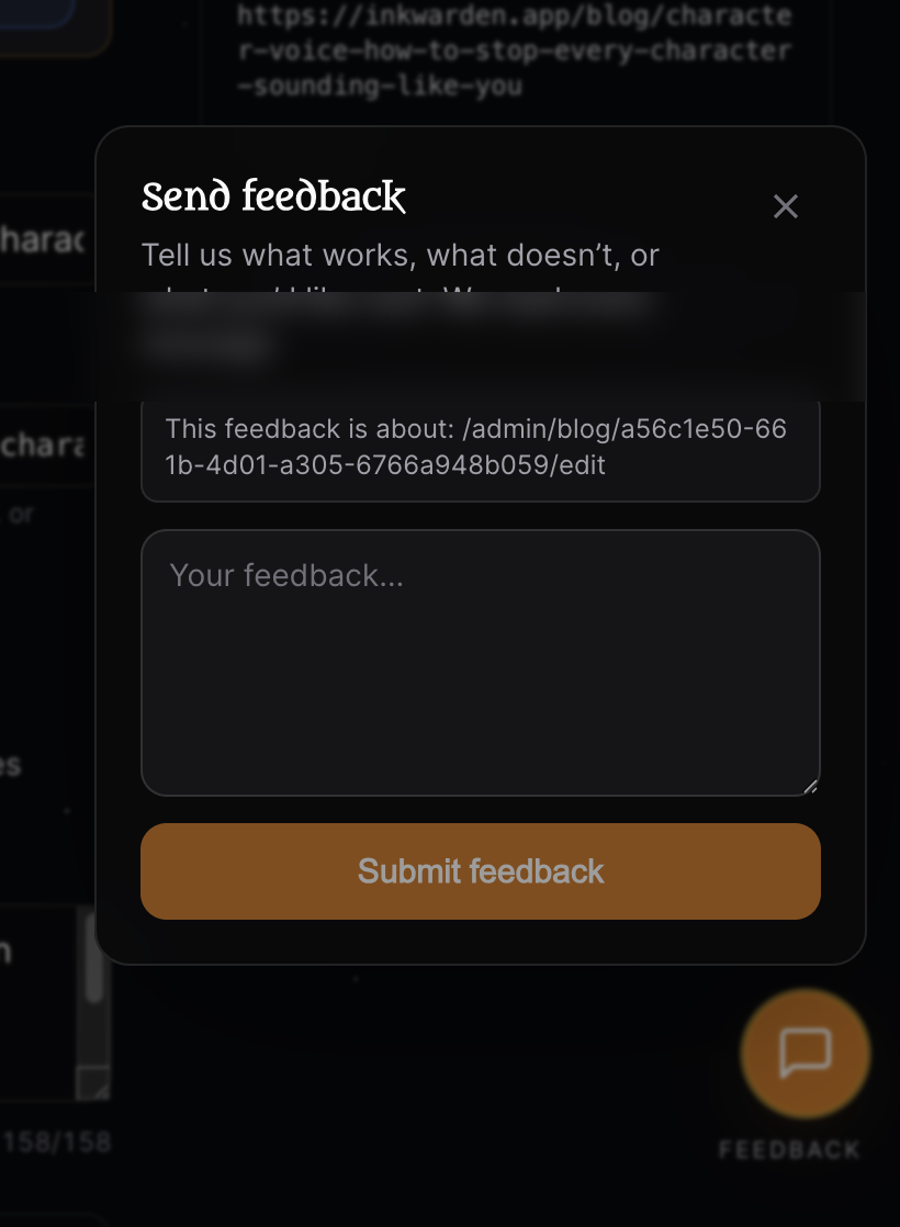 Inkwarden send feedback modal with message field and submit button