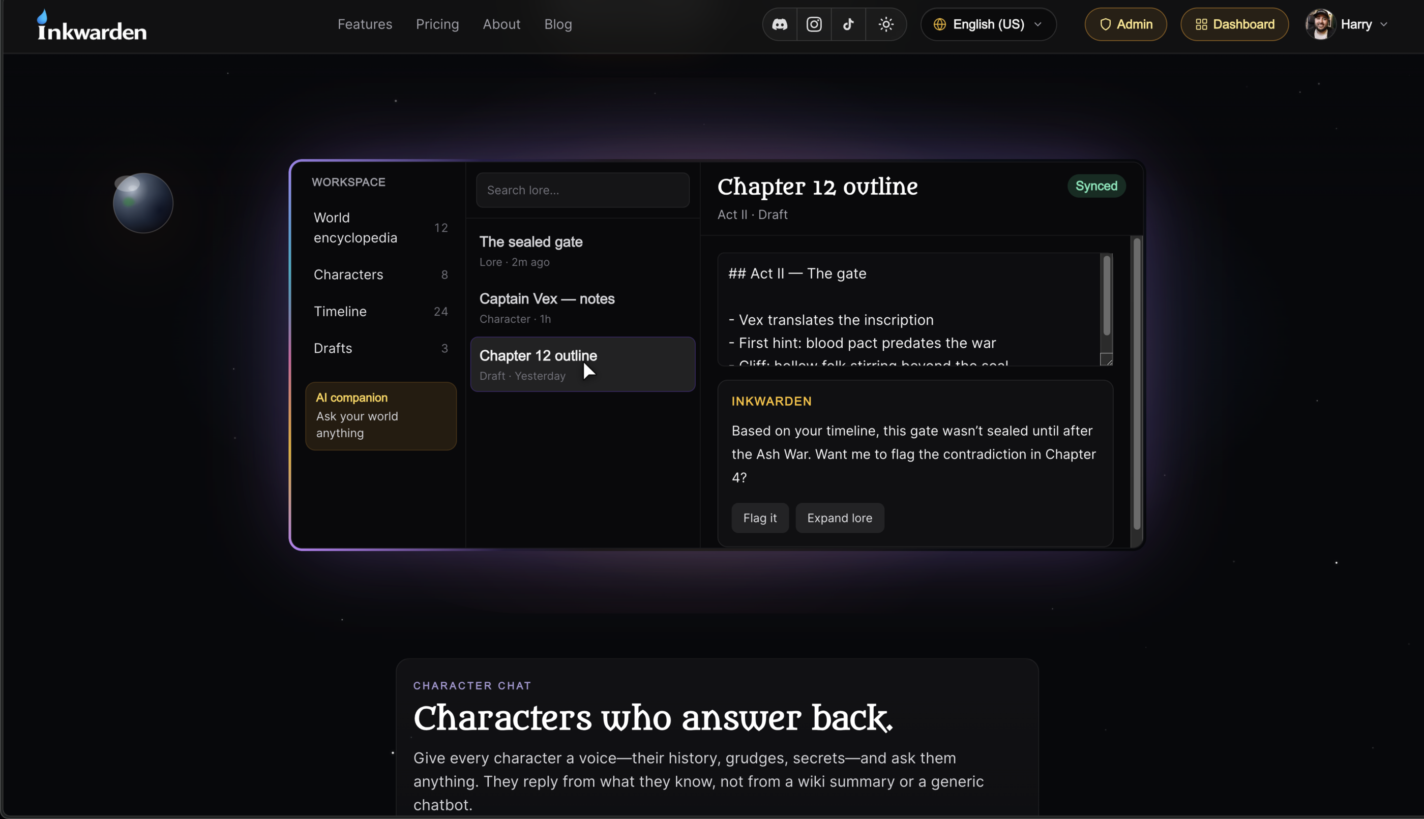 Inkwarden marketing page with hero copy and a preview of the three-pane writing workspace