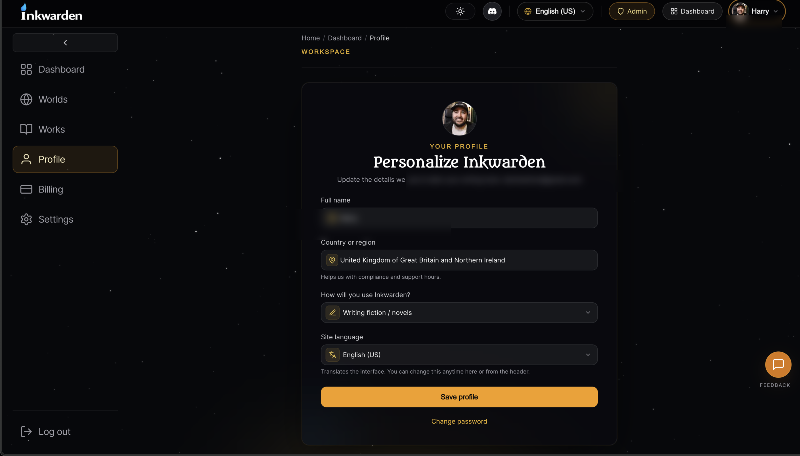 Inkwarden profile settings form with avatar customisation panel