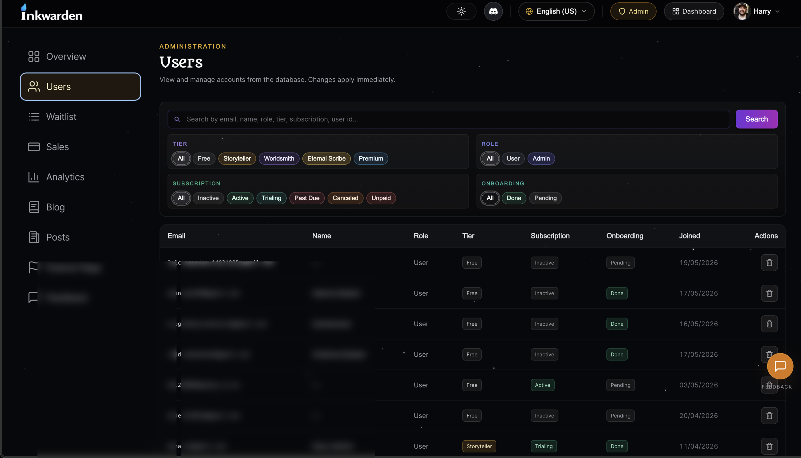 Inkwarden admin users table with tier and subscription filters