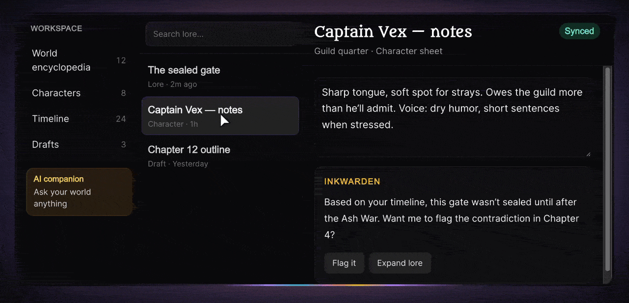 Inkwarden workspace with lore list, character notes editor, and AI continuity suggestion