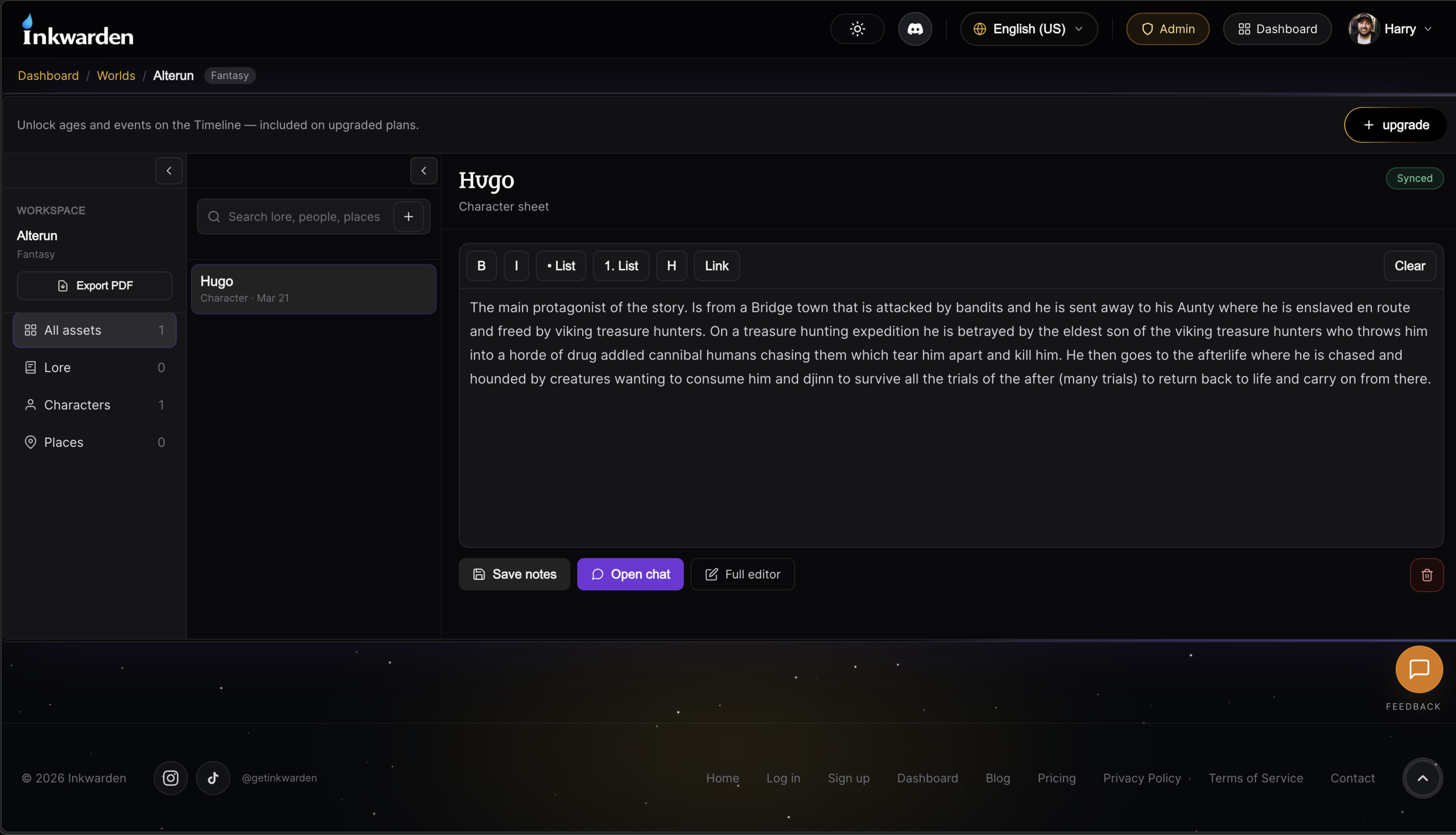 Inkwarden world workspace showing a character sheet for Hugo with notes and formatting toolbar