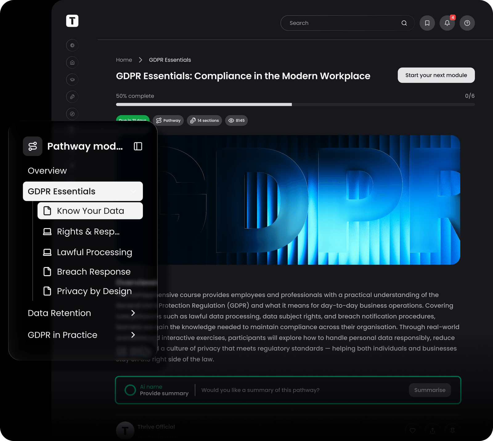 Thrive learning pathways interface with structured content journeys